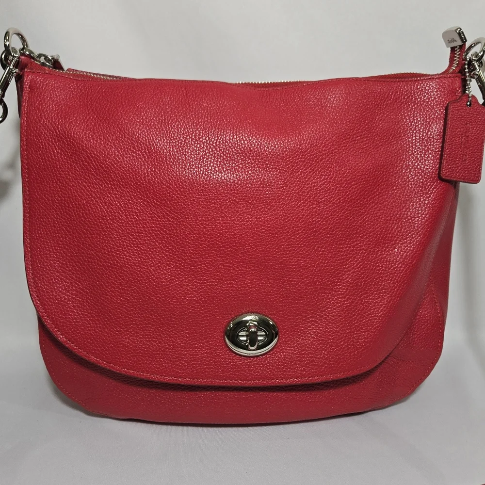 Coach Pebbled Leather Turnlock Hobo Red Purse